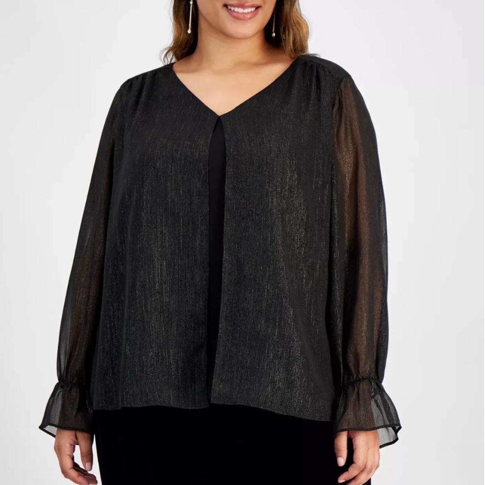 Kasper Gold Threaded Double Layer Split Front Shimmer Blouse - Size 1X